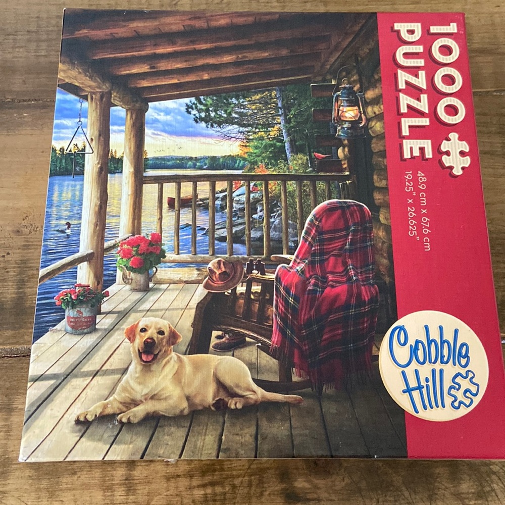 Cobble Hill 1000 Piece Puzzle Welcome to the Lakehouse Cabin Porch Dogs